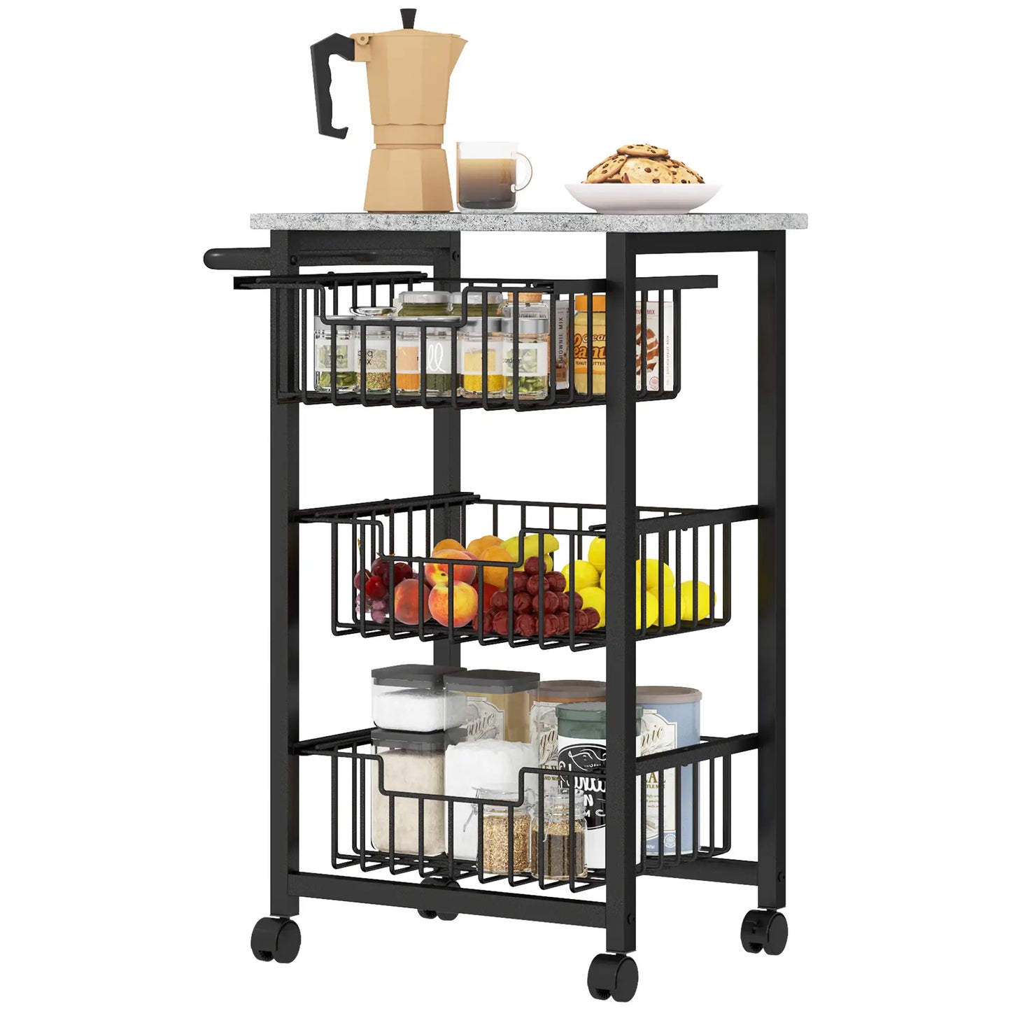 HOMCOM Three Basket Mobile Kitchen Island, with Brakes - Grey/Black