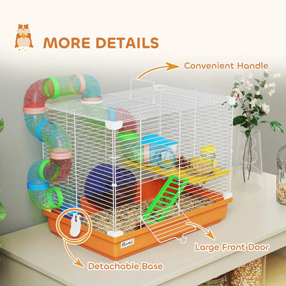 PawHut 2 Tier Hamster Cage, Gerbil Cage with Handle, Exercise Wheels, Tunnel, Water Bottle, Ladder for Dwarf