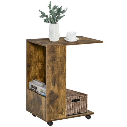 HOMCOM Mobile Sofa Side Table C-Shape End Table with Storage & Casters for Laptop Coffee Snack, Rustic Brown