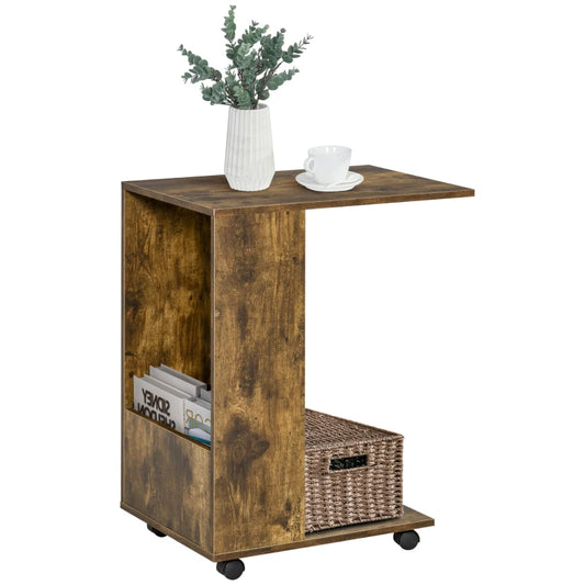 HOMCOM Mobile Sofa Side Table C-Shape End Table with Storage & Casters for Laptop Coffee Snack, Rustic Brown