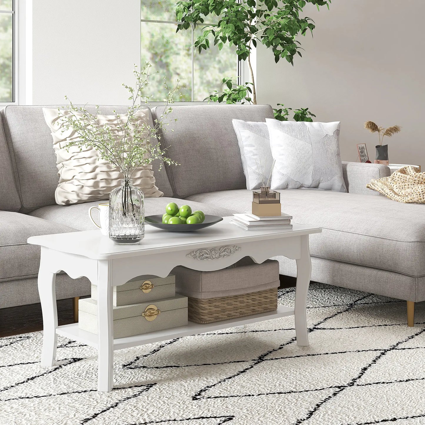 HOMCOM White Coffee Table Wood Cocktail Tea Centre Table with Storage Shelf for Living Room