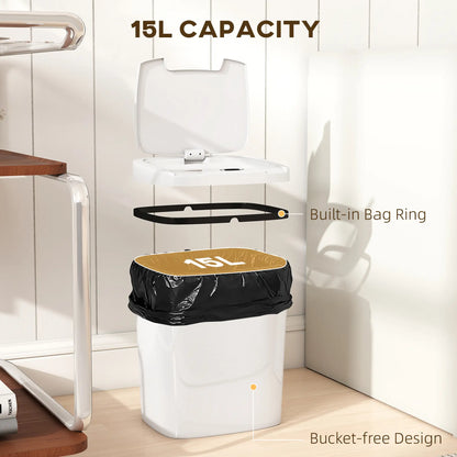 HOMCOM 15L Sensor Bin, Automatic Touchless Kitchen Bin, Easy Clean, Battery Operated for Home Office, White