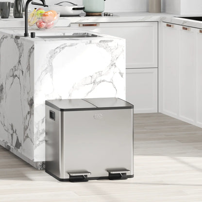 HOMCOM 30L Dual Compartment Stainless Steel Kitchen Bin with Deodoriser Holders - Silver Tone