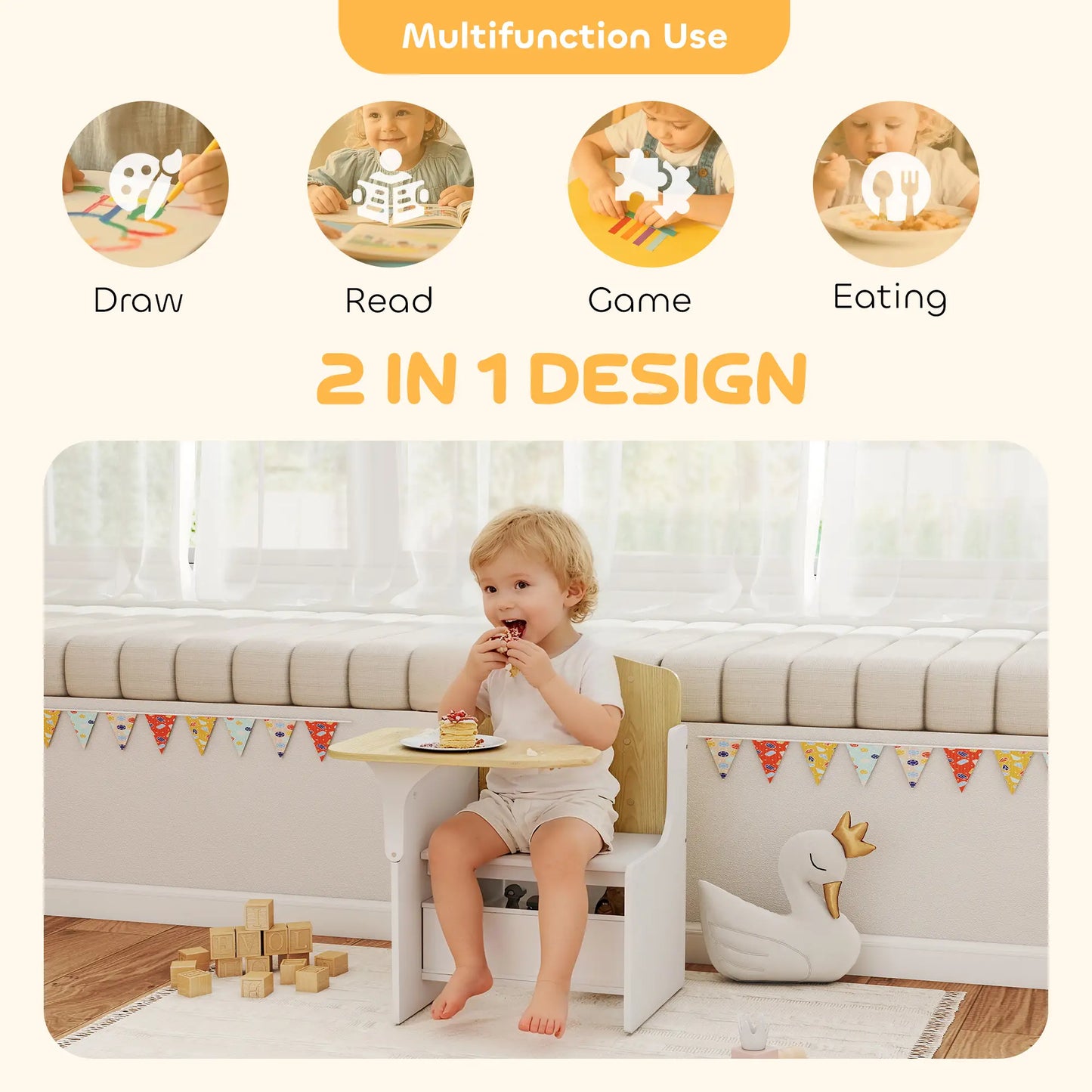 AIYAPLAY Kids Table & Chair Set, Children Desk & Chair with Storage Bins for Playing, Reading, Painting, White