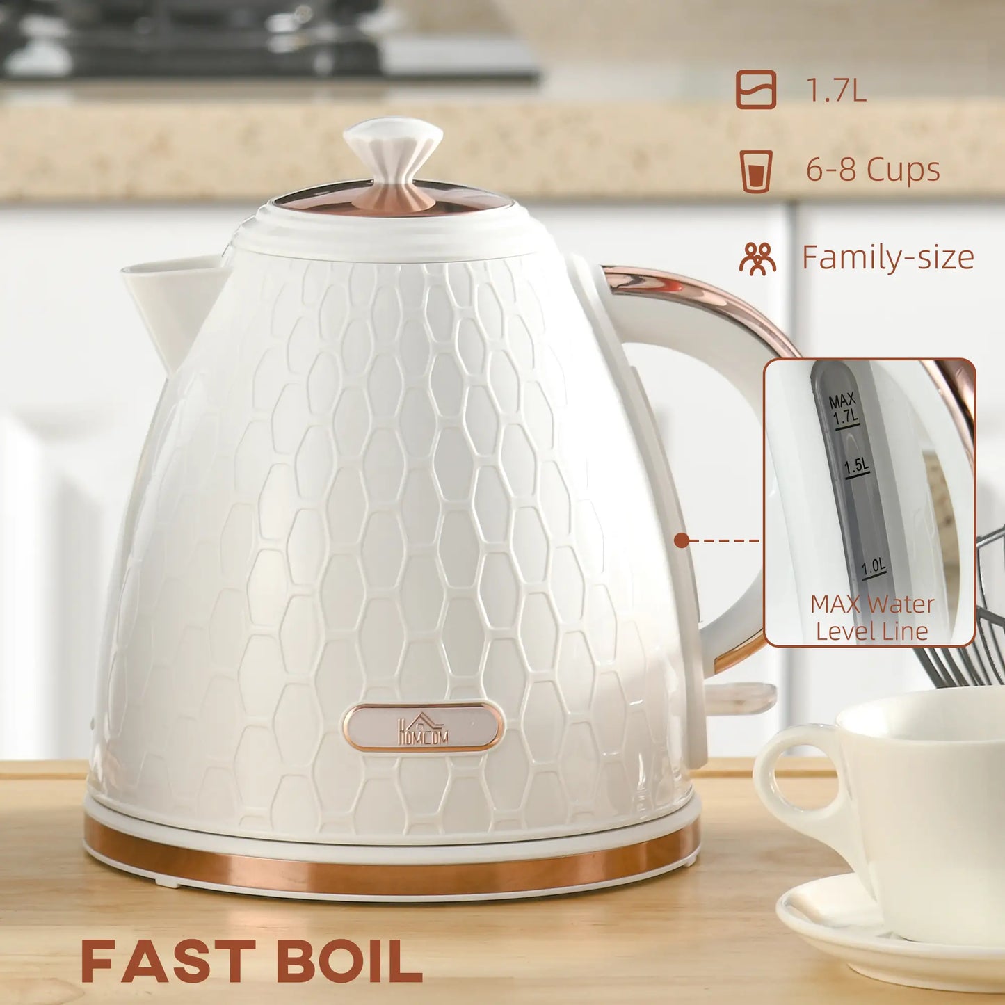 HOMCOM 3kW Rapid Boil Honeycomb Electric Kettle, 1.7L - Cream