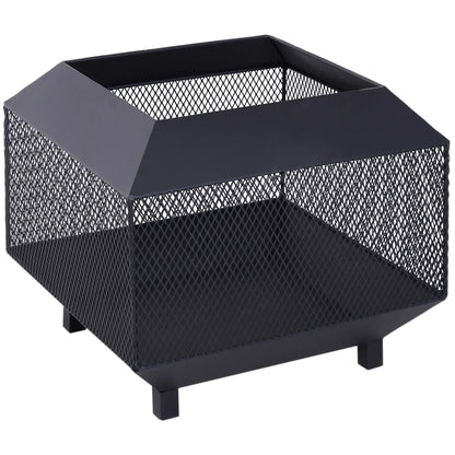 Outsunny Metal Square Fire Pit Outdoor Mesh Firepit Brazier w/ Lid, Log Grate, Camping, Bonfire, Wood Burning Stove, Black