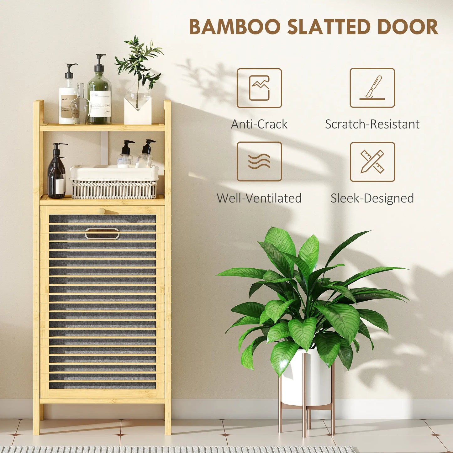 HOMCOM Bamboo Laundry Cabinet with Slatted Door, Bathroom Cabinet with Removable Liner Bag, Natural Wood Finish