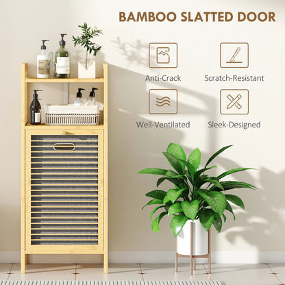 HOMCOM Bamboo Laundry Cabinet with Slatted Door, Bathroom Cabinet with Removable Liner Bag, Natural Wood Finish