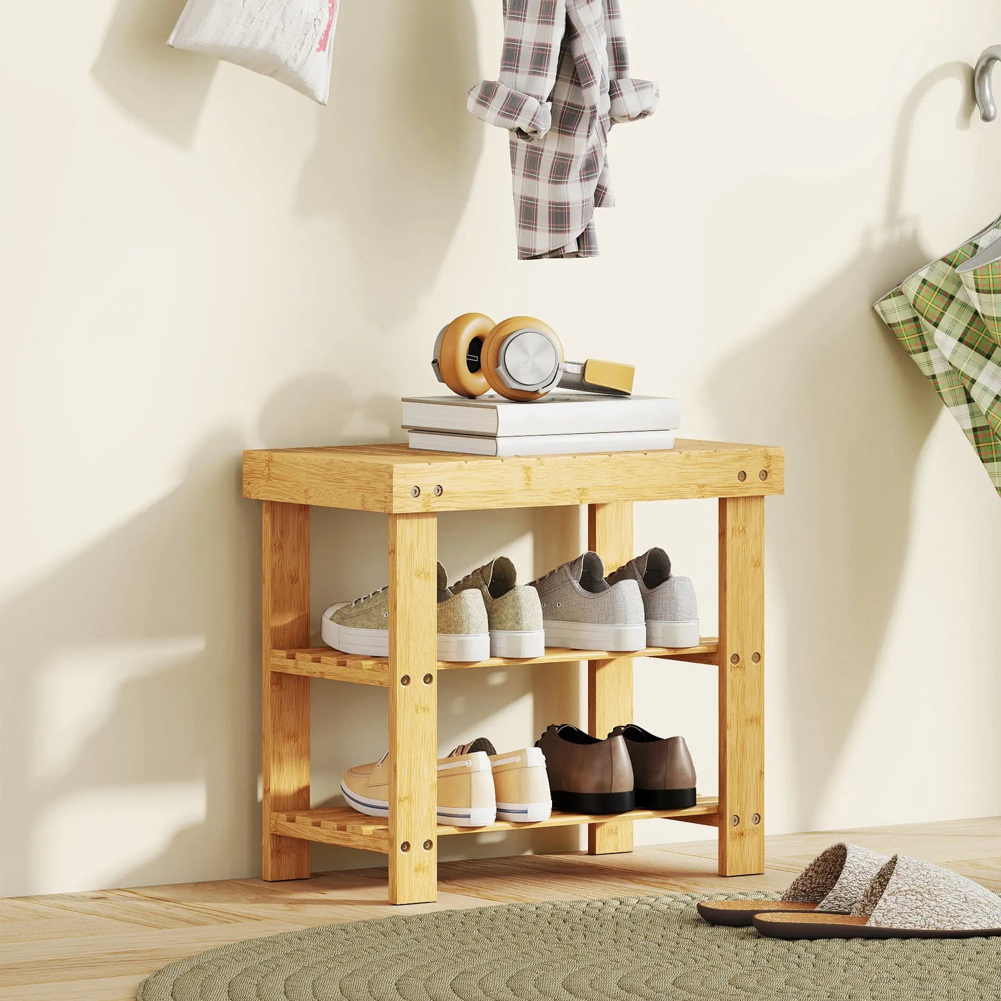 HOMCOM Two Shelf Bamboo Shoe Storage Bench Home Furniture - Natural Finish