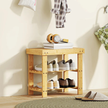 HOMCOM Two Shelf Bamboo Shoe Storage Bench Home Furniture - Natural Finish