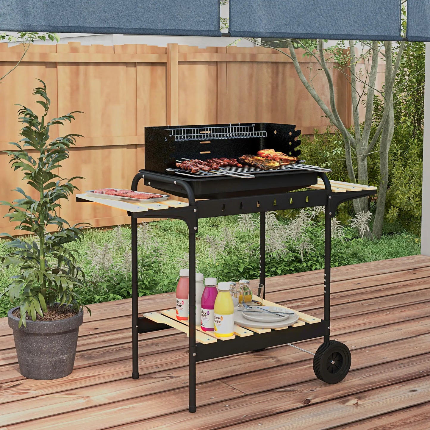 Outsunny Charcoal Barbecue Grill with Adjustable Height, Portable BBQ Trolley with Ash Catcher for Outdoor Garden Party Cooking, Black