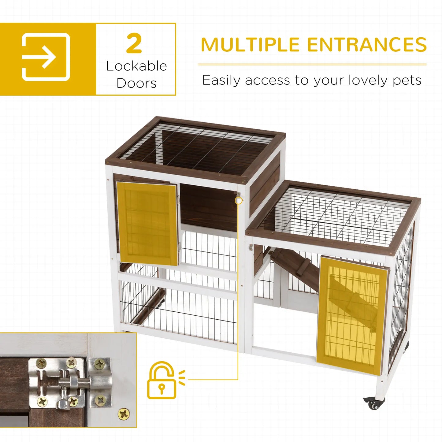 PawHut Two-Tier Rabbit Hutch Pet Cage, with Wheels, Fir Wood Structure - Brown