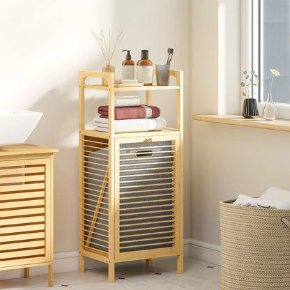 HOMCOM Bamboo Laundry Cabinet with Slatted Door, Bathroom Cabinet with Removable Liner Bag, Natural Wood Finish