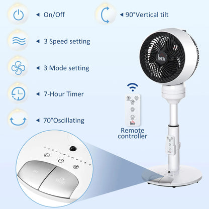 HOMCOM 9'' Air Circulator Fan 3 Speed 3 Mode, 70° Oscillation 90° Vertical Tilt, Height Adjustable, Remote Controller