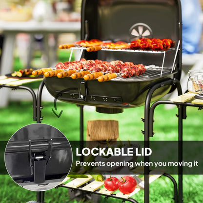 Outsunny Charcoal Barbecue Grill Portable BBQ Grill with Cooking Area, 3 Shelves, Lockable Lid, Wheels for Outdoor Cooking, Garden Party, Black