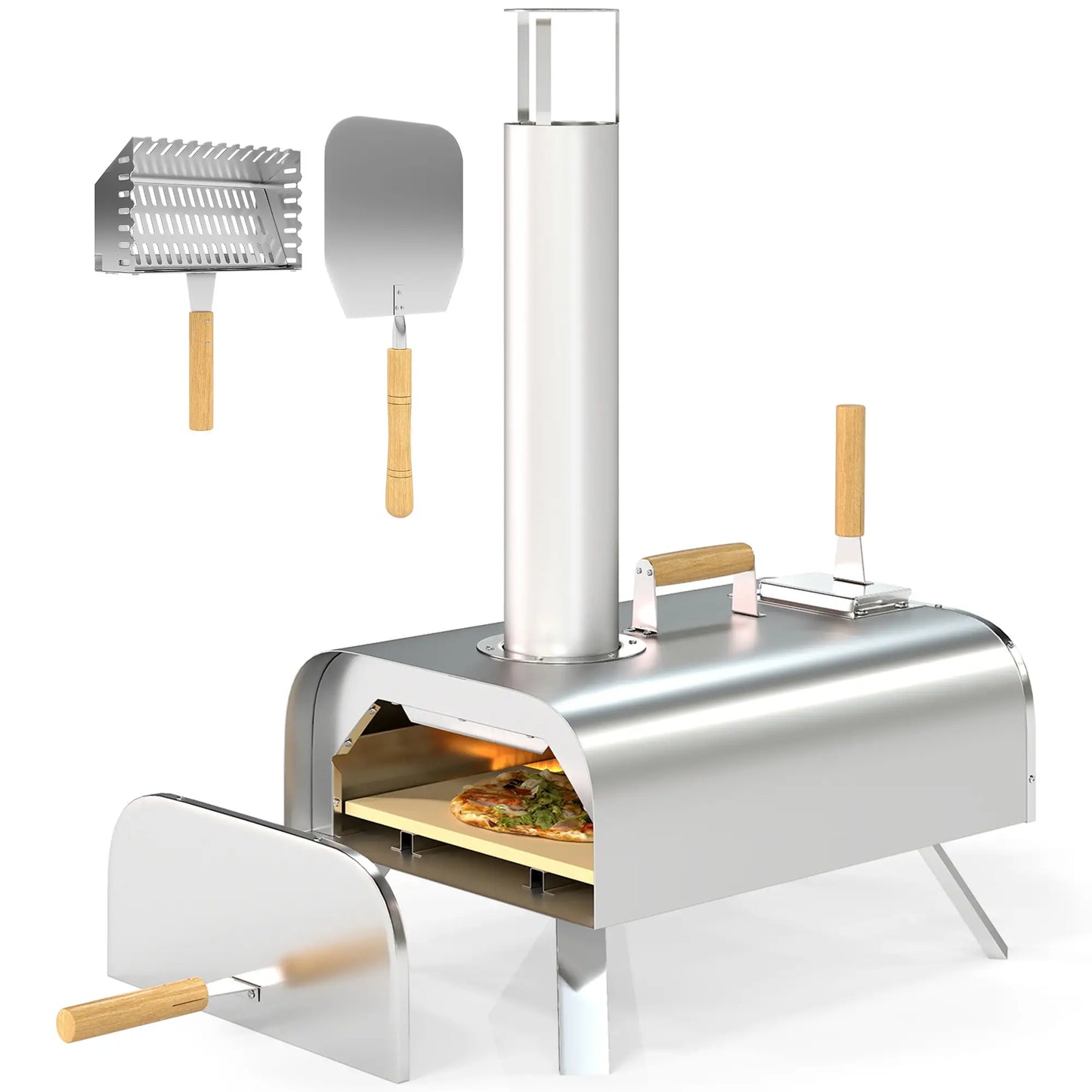 Outsunny Wood Fired Pizza Oven, Portable Wood Pellet Pizza Maker with Pizza Stone and Peel, Foldable Legs, Chimney for Outdoor Cooking