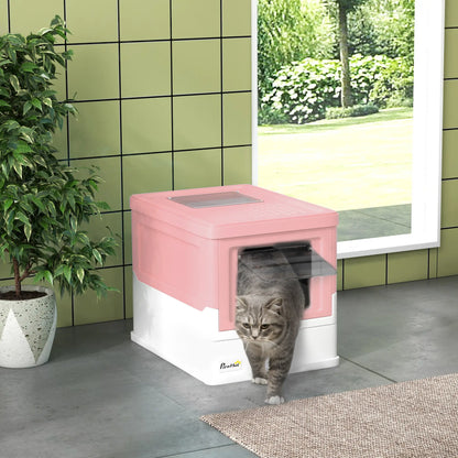 PawHut Hooded Cat Litter Box, Portable Pet Toilet with Scoop, Front Entry - Pink