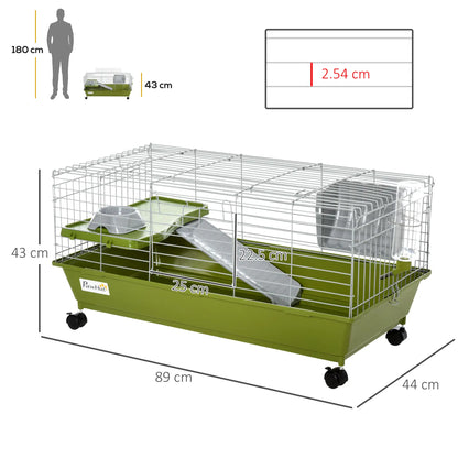 PawHut Small Animal Cage Rabbit Guinea Pigs Chinchillas Cage w/ Wheels, Water Bottle, Food Dish, Ramp, Green