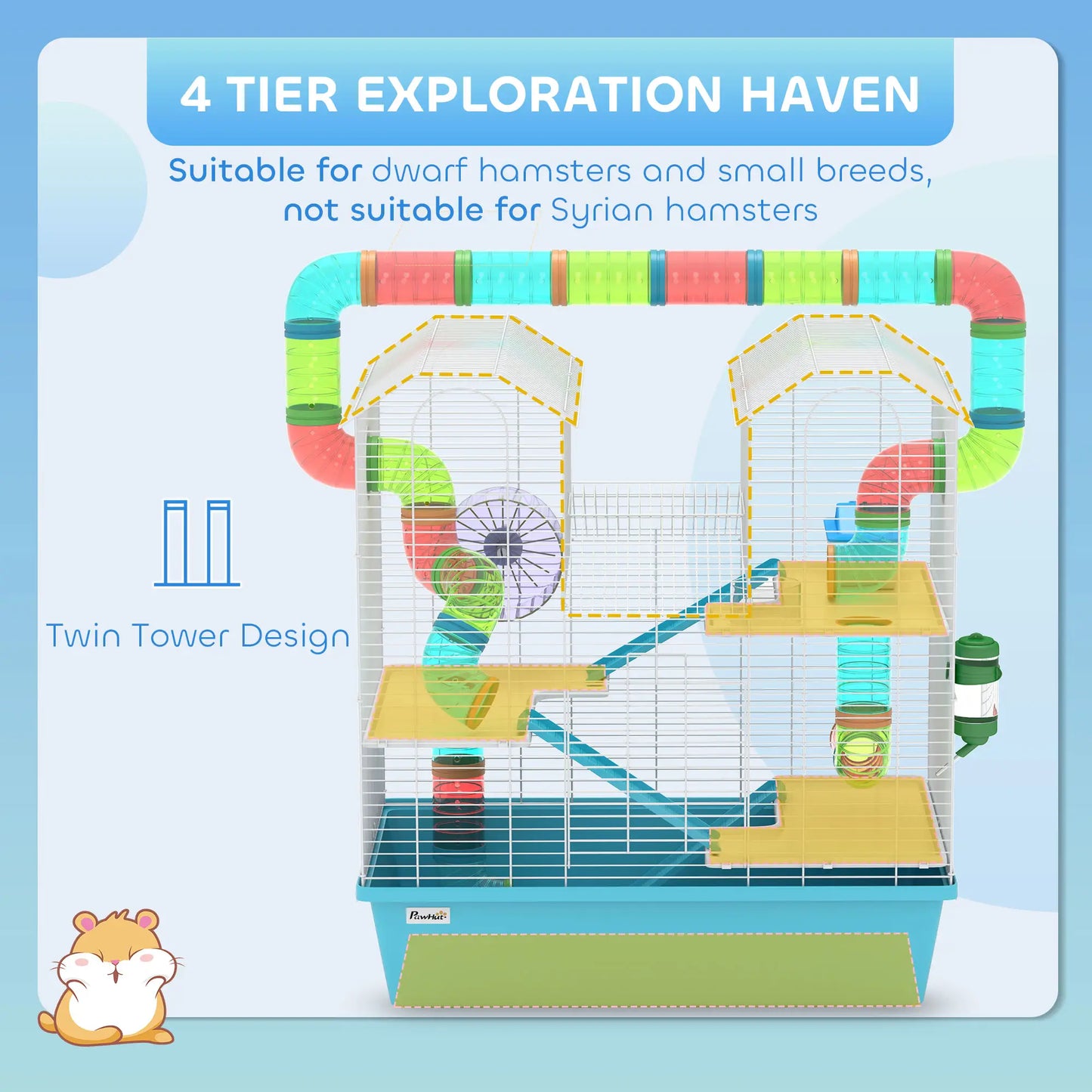 PawHut 4 Tier Hamster Cage w/ Tubes, Exercise Wheel, Hut, Water Bottle, Ramps for Dwarf Hamster, Light Blue