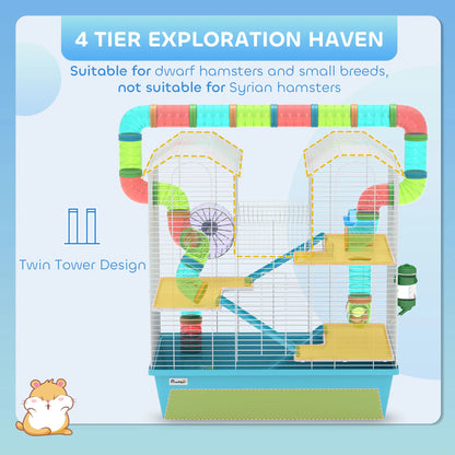 PawHut 4 Tier Hamster Cage w/ Tubes, Exercise Wheel, Hut, Water Bottle, Ramps for Dwarf Hamster, Light Blue