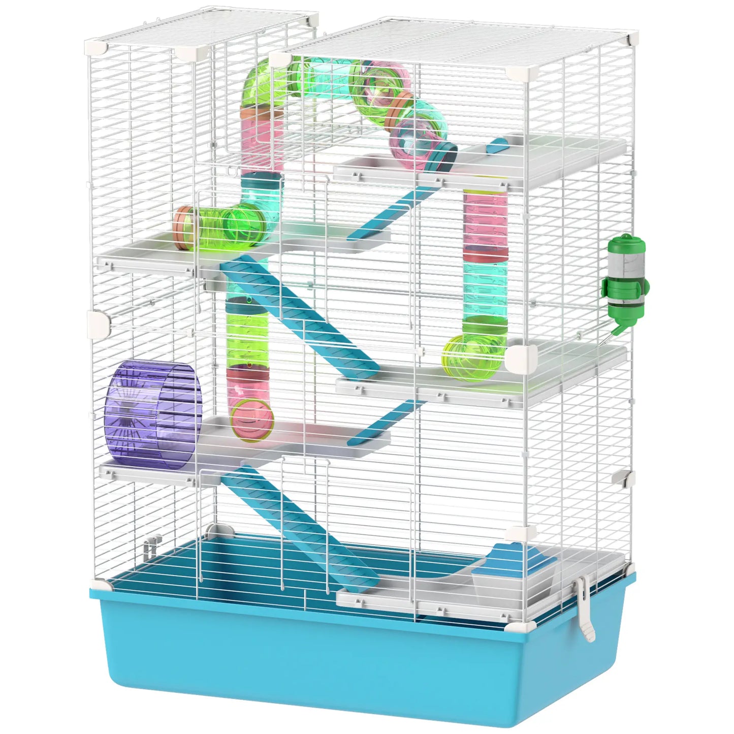 PawHut 6 Tier Hamster Cage, Small Animal Cage with Tubes, Exercise Wheel, Ramps, Hut, Food Dish, Water Bottle, Light Blue