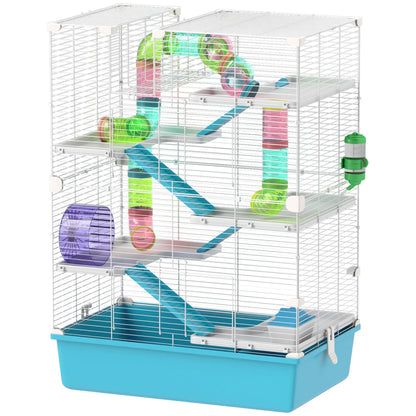 PawHut 6 Tier Hamster Cage, Small Animal Cage with Tubes, Exercise Wheel, Ramps, Hut, Food Dish, Water Bottle, Light Blue