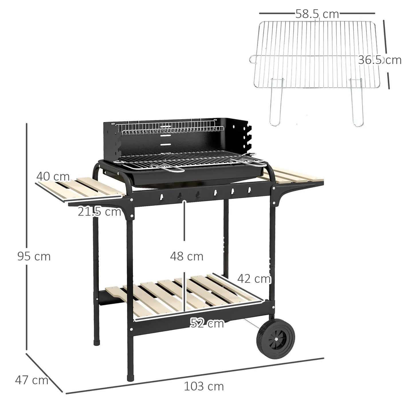 Outsunny Charcoal Barbecue Grill with Adjustable Height, Portable BBQ Trolley with Ash Catcher for Outdoor Garden Party Cooking, Black