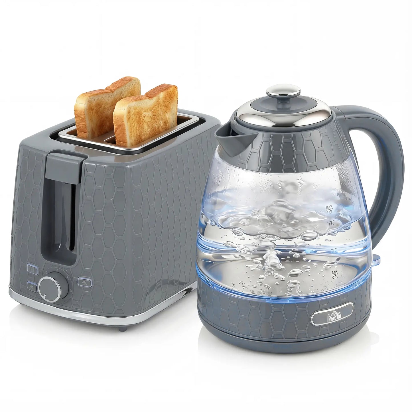 HOMCOM Kettle & Toaster Set, 1.7L 3000W Rapid Kettle, 2 Slice Toaster with 7 Browning Controls, Grey