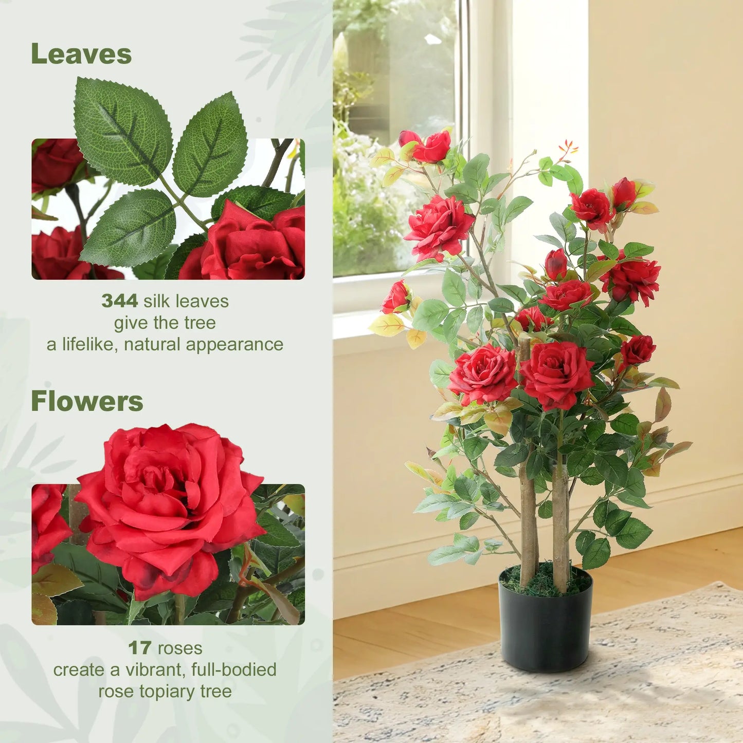 HOMCOM Artificial Rose Tree, Decorative Fake Plant with 344 Silk Leaves 17 Flowers, Red