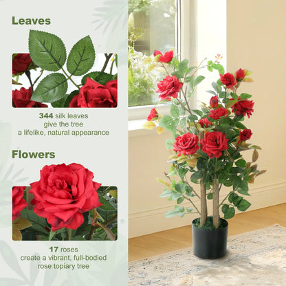HOMCOM Artificial Rose Tree, Decorative Fake Plant with 344 Silk Leaves 17 Flowers, Red