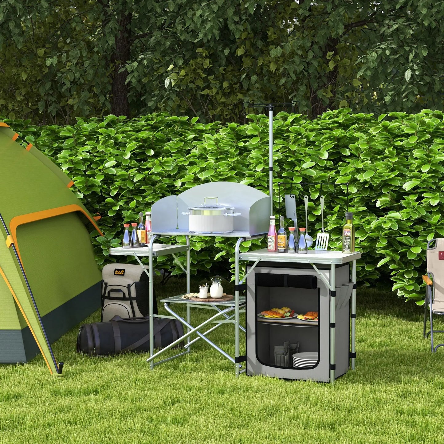 Outsunny Multi-Feature Outdoor Folding Camping & Hiking Kitchen, with Wind Shield
