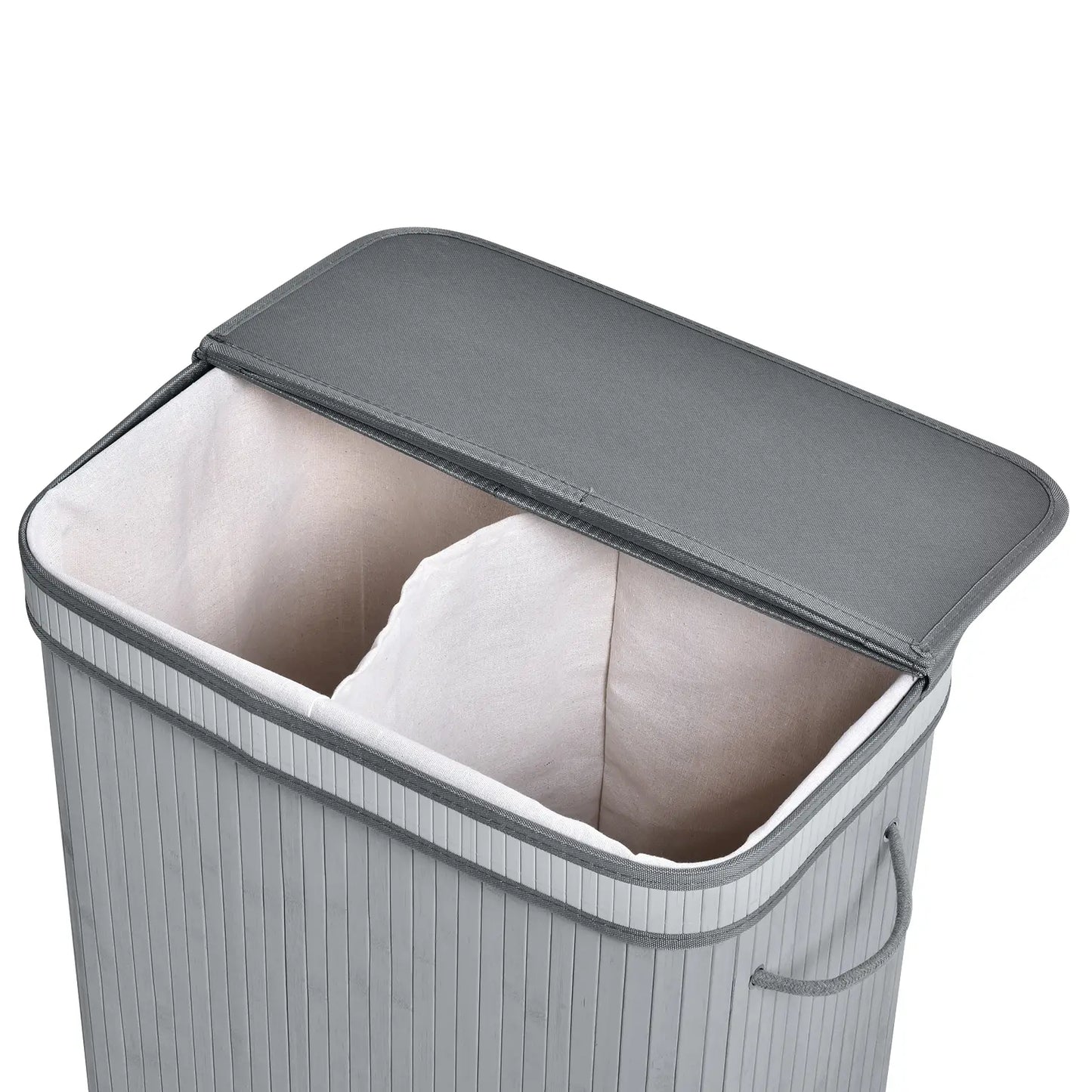 HOMCOM 100L Natural Wood Laundry Basket Compartment w/Flip Lid Removable Lining Handles Foldable, Dirty Clothes Storage, Grey