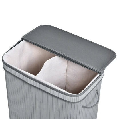HOMCOM 100L Natural Wood Laundry Basket Compartment w/Flip Lid Removable Lining Handles Foldable, Dirty Clothes Storage, Grey