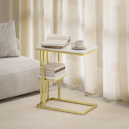 HOMCOM C-Shaped Narrow Side Table, 2-Tier Slim End, Nightstand for Living Room, Bedroom, White Marble Grain
