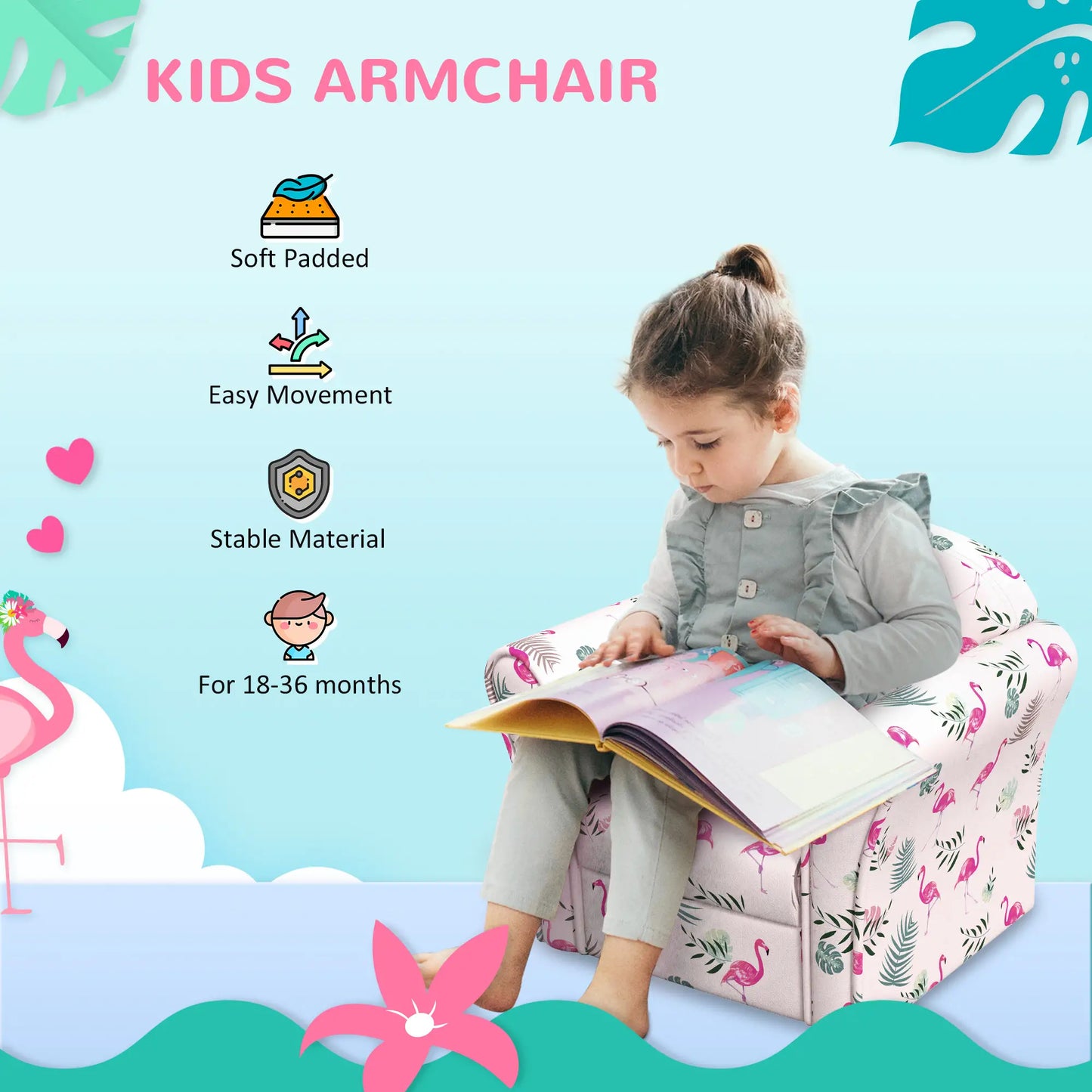 AIYAPLAY Kids Armchair with Flamingo Design, Wooden Frame for Bedroom, Playroom - Pink