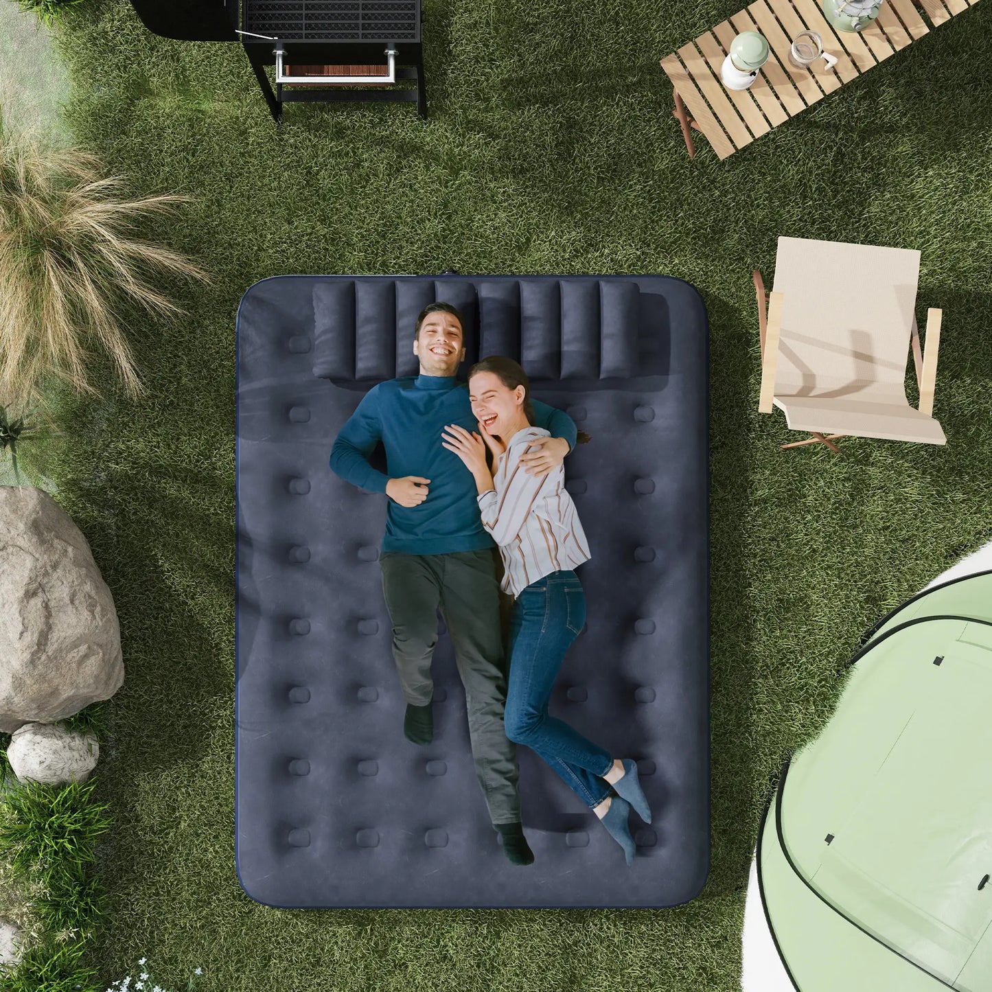 Outsunny Inflatable King Size Air Bed, with Built-In Hand Pump & Two Pillows - Blue
