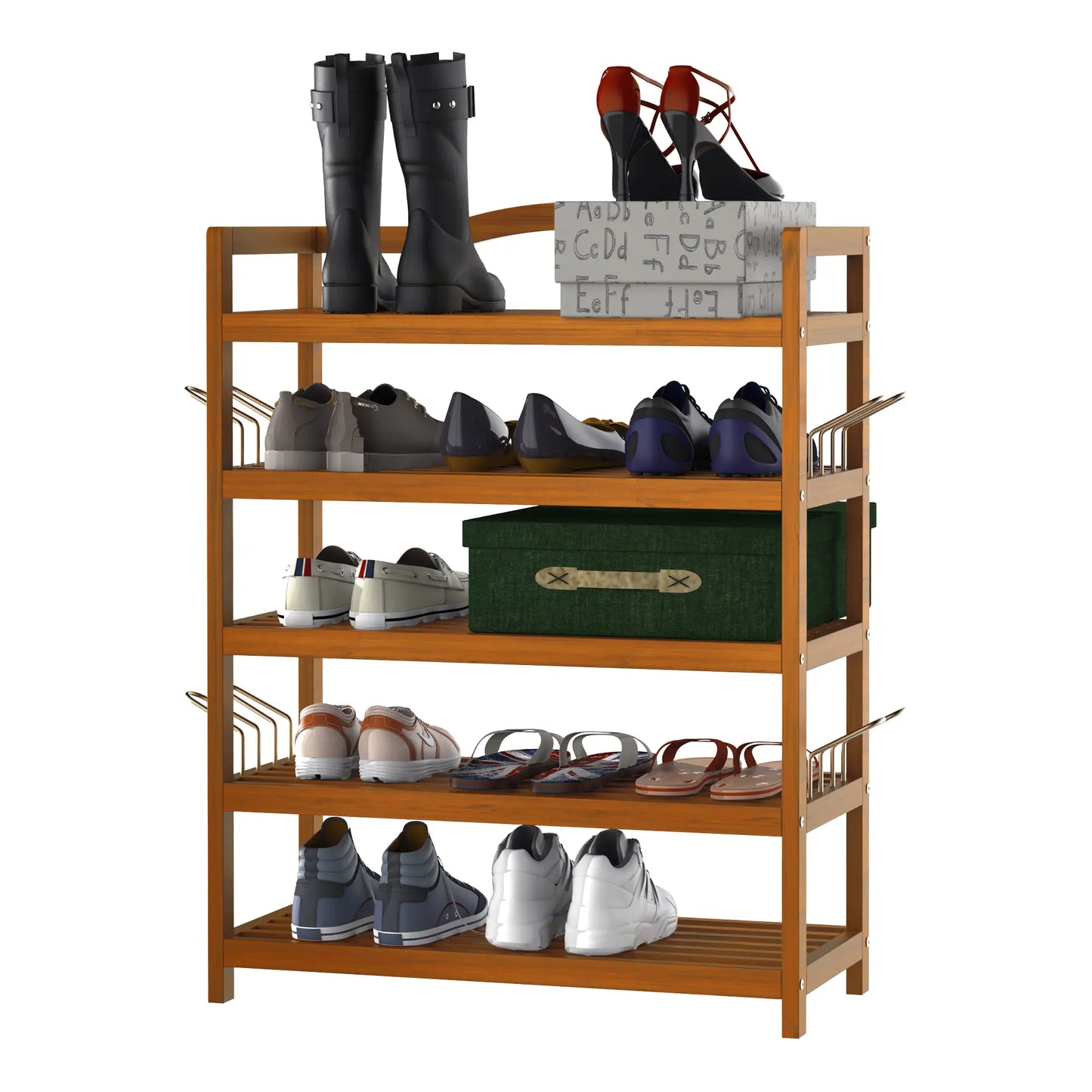 HOMCOM 5-Tier Shoe Rack, Acacia Wooden Shoe Storage Organiser with Hangers, Holds up to 19 Pairs, Teak