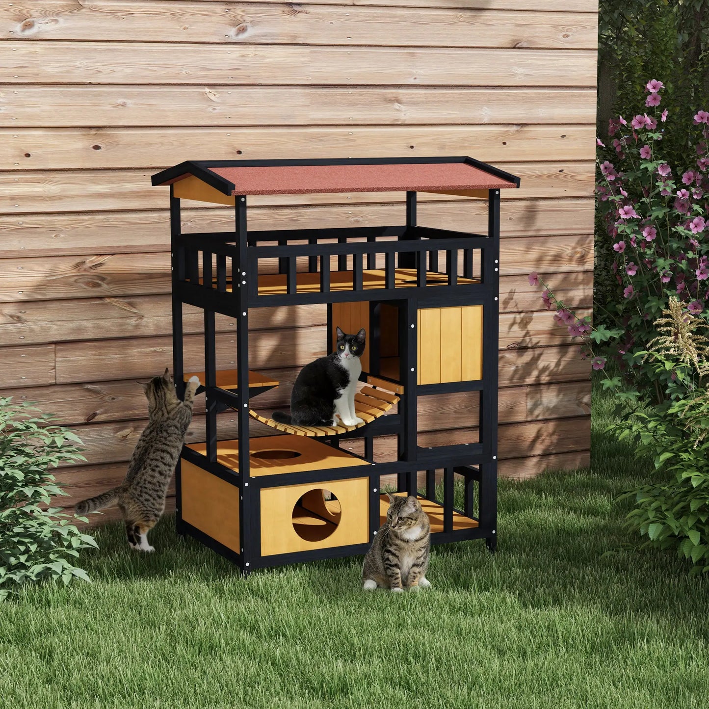 PawHut Outdoor Cat Shelter, Four-Tier Wooden Feral Cat House with Suspension Bridge, Balcony, Escape Doors