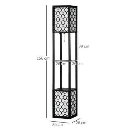 HOMCOM Floor Lamp with Shelves, Modern Tall Standing Lamp with Fabric Lampshade and Dual Light, Black
