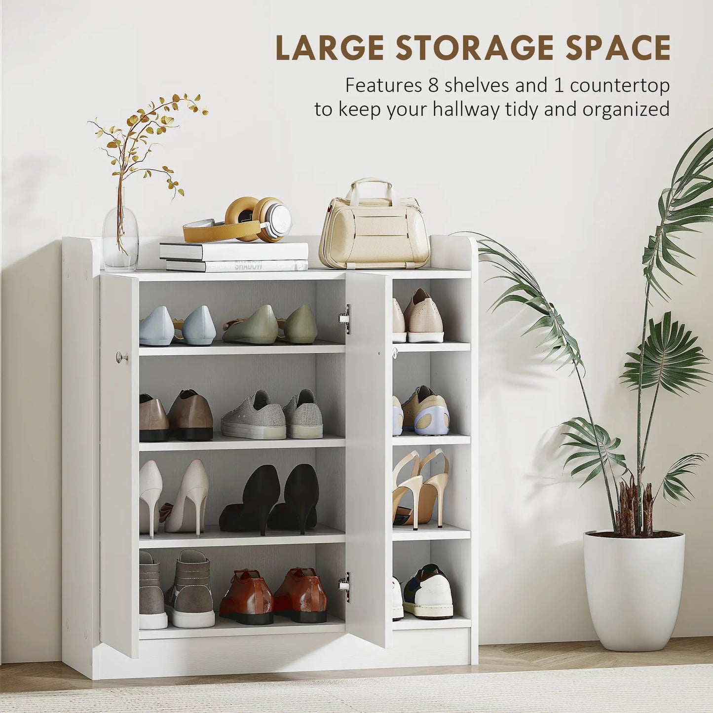 HOMCOM Shoe Storage Cabinet Two Doors w/ Adjustable 4 Shelves Cupboard Footwear Rack Stand Organiser, White