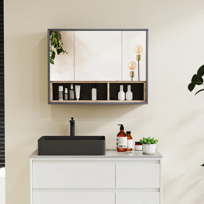 HOMCOM Bathroom Mirror Cabinet, Wall Mounted Cabinet with Mirror, 3 Doors & Cupboards, Grey