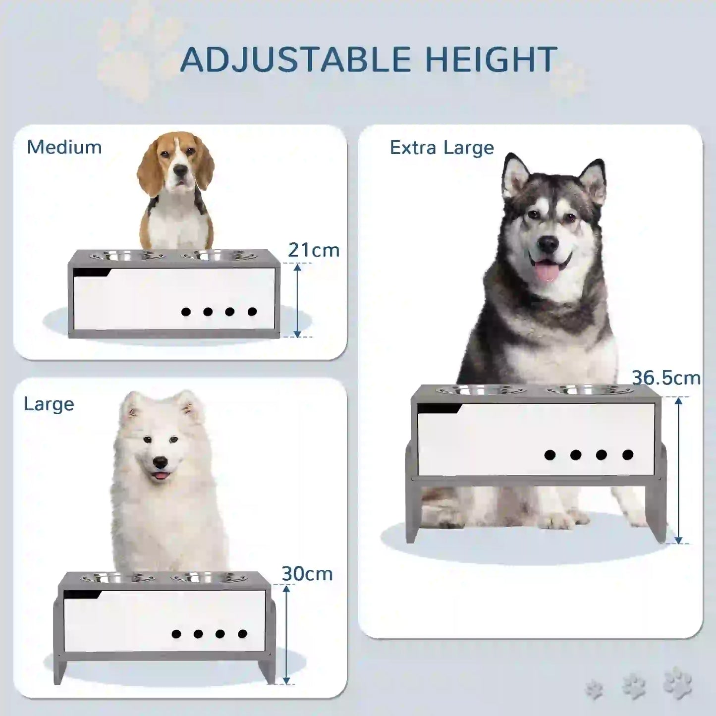PawHut 3 Height Adjustable Raised Dog Bowls, Dog Feeding Storage Station w/ Slow Feeder Mat, 2 Stainless Steel Bowls