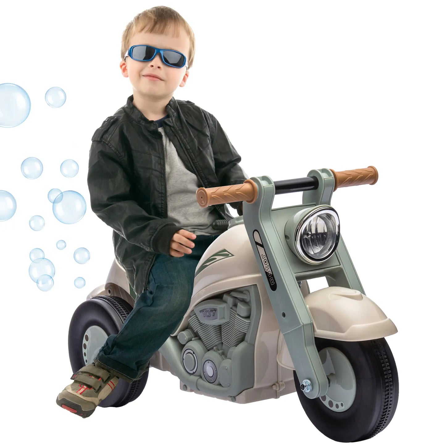 AIYAPLAY Foot To Floor Sliding Kids Ride On Car with Music, Bubble, Motorcycle for Toddler - Cream White