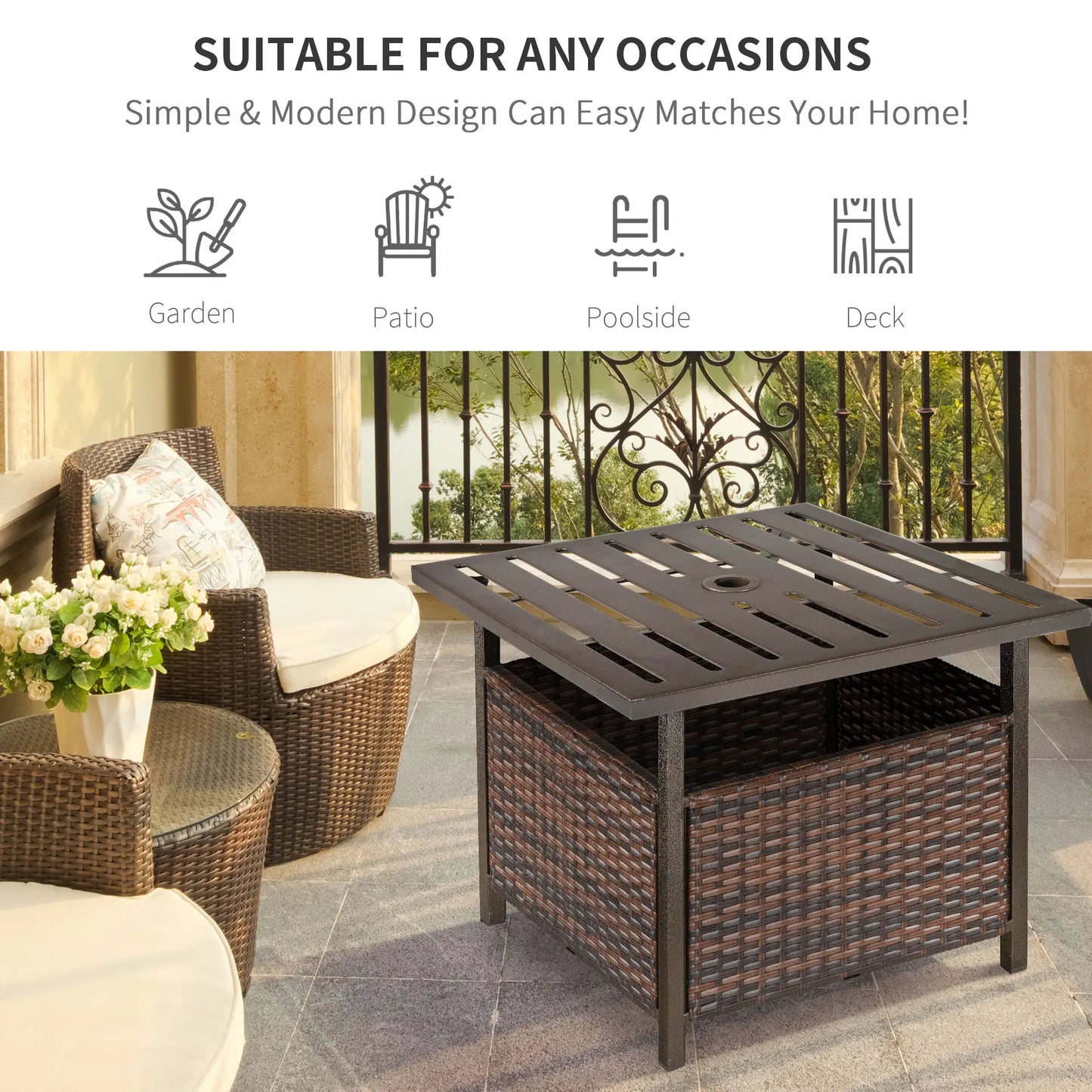 Rattan Garden Coffee Table, Square Wicker Patio Side Table with Umbrella Hole, Metal Bottom for Outdoor, Brown