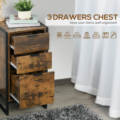 HOMCOM Bedroom Chest of Drawers, Industrial 3-Drawer Dresser, Storage Drawers with Metal Frame, Rustic Brown