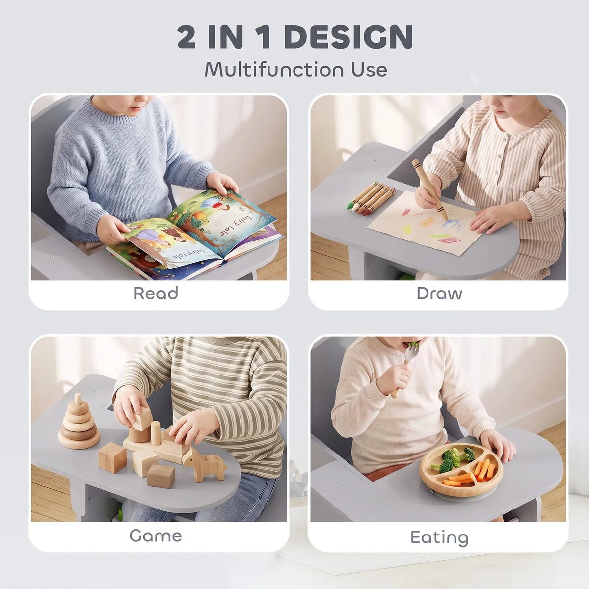 AIYAPLAY Kids Table and Chair Set, Children Desk with Storage Bins for Playing, Reading for Ages 3-5, Grey