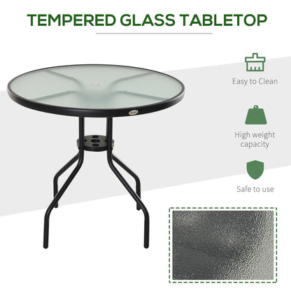 Outsunny Round Garden Dining Table with Parasol Hole for Outdoor Bistro Side Table with Tempered Glass Top for Patio, Porch, Black