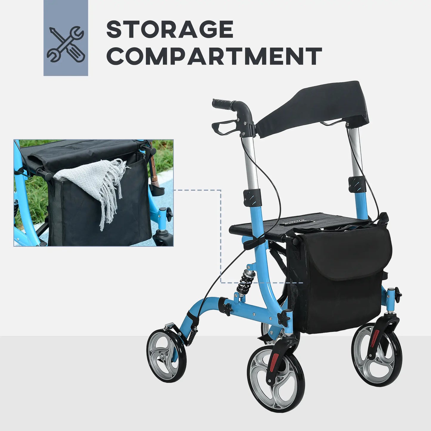 HOMCOM Professional Rollator with 8 Adjustable Height, Aluminium Walking Frame with Dual Brakes for Tall People, Blue