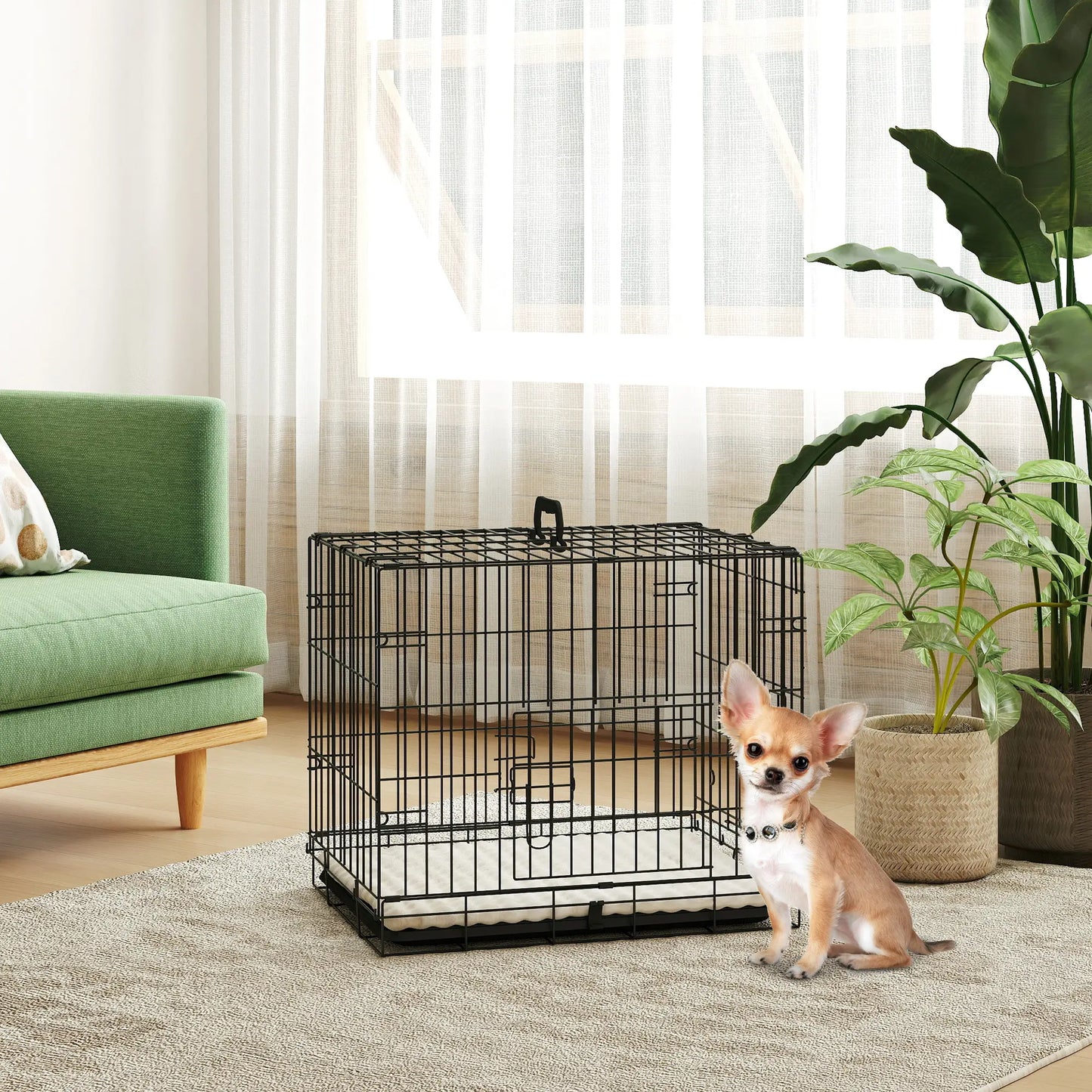 PawHut Foldable Dog Crate with Two Doors, Tray & Soft Cushion for Extra Small Dogs, Black