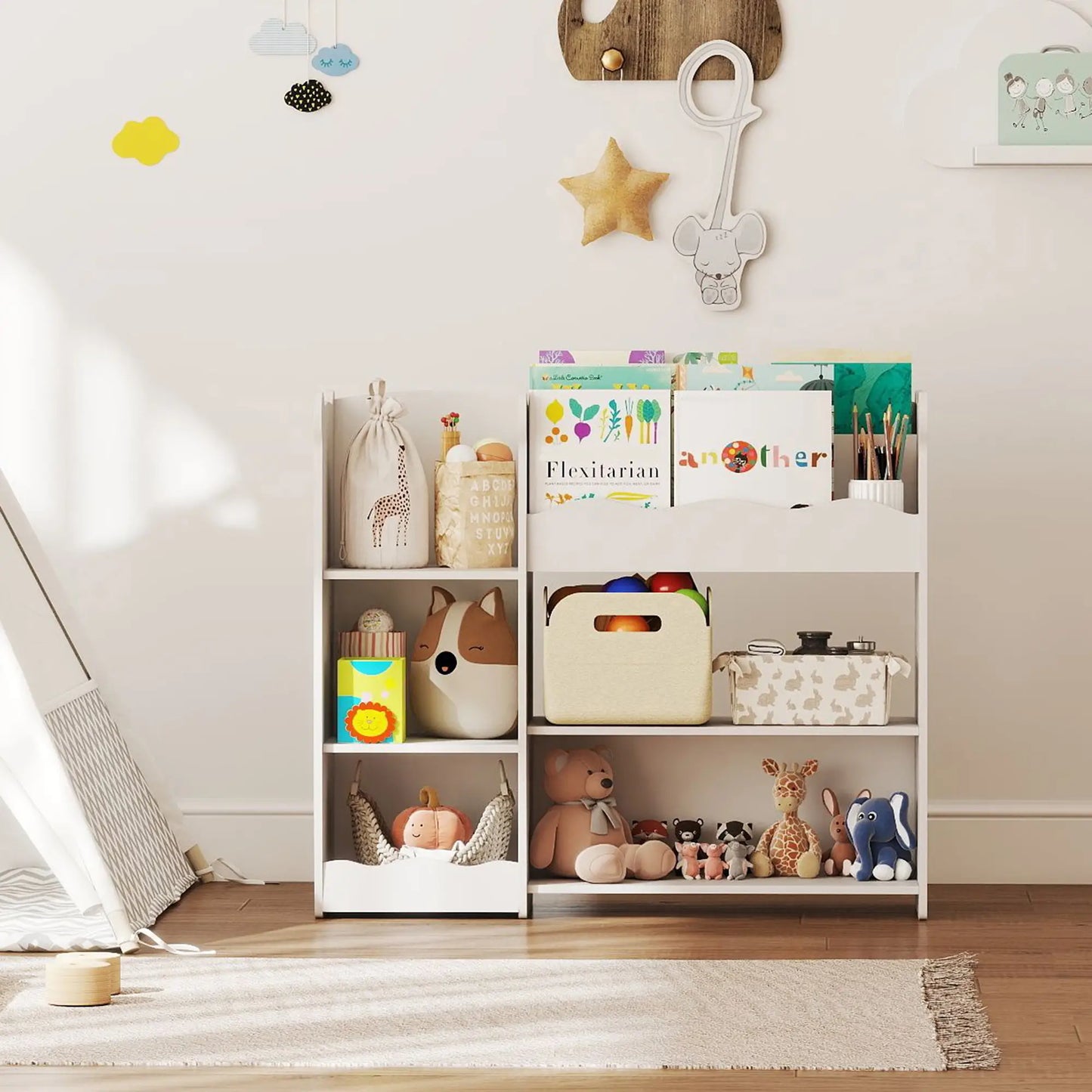 AIYAPLAY Kids Toy Storage Unit, Bear Design Kids Bookshelf & Toy Organiser for Bedroom, Playroom, White